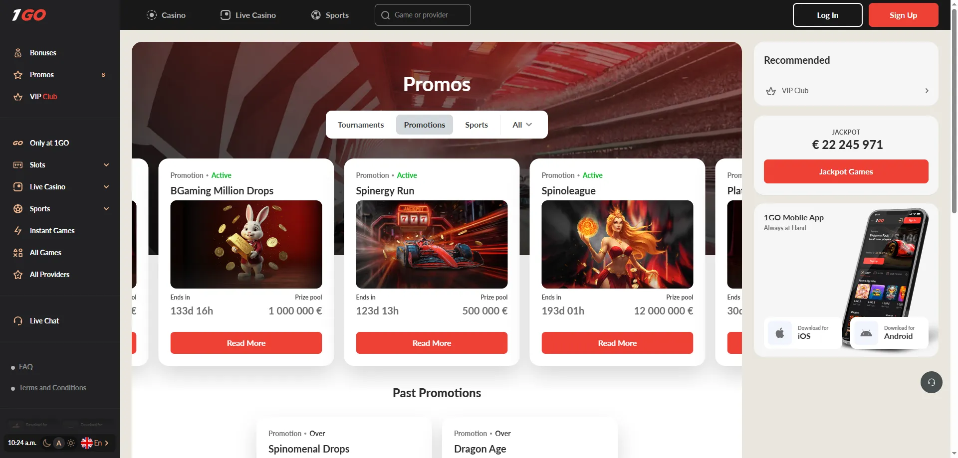 1GO Casino bonus offers — free spins, cashback and welcome package