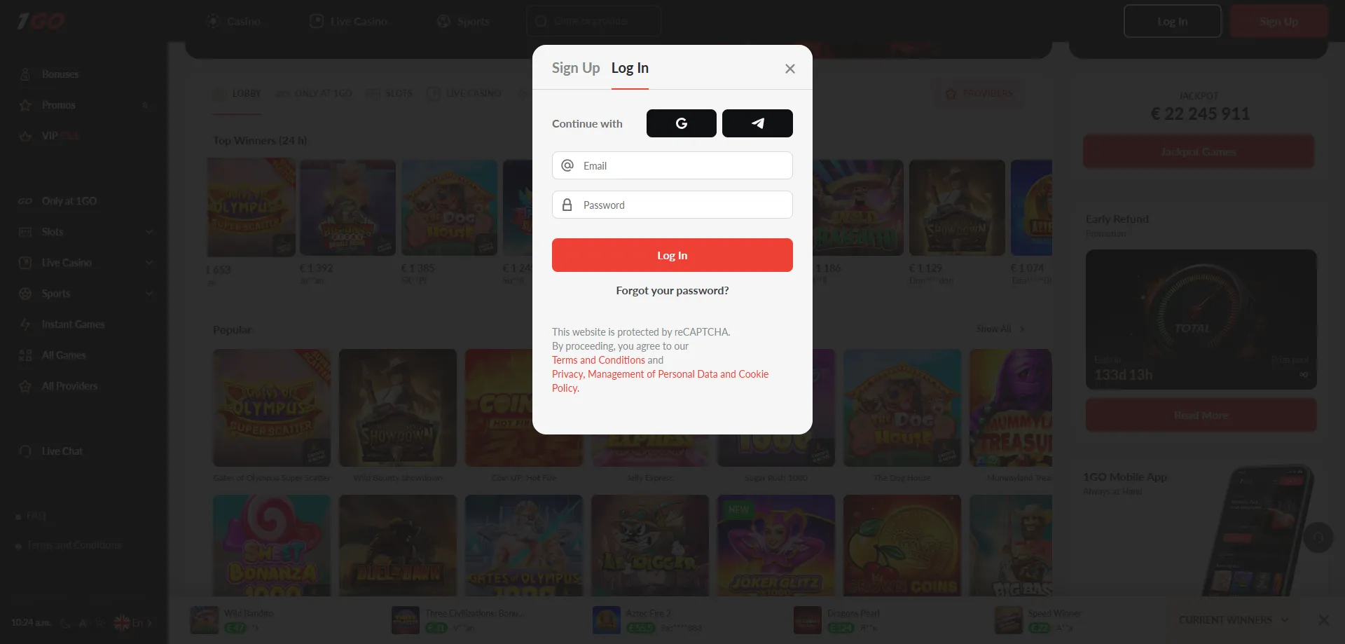 1GO Casino login page — access your real money account securely