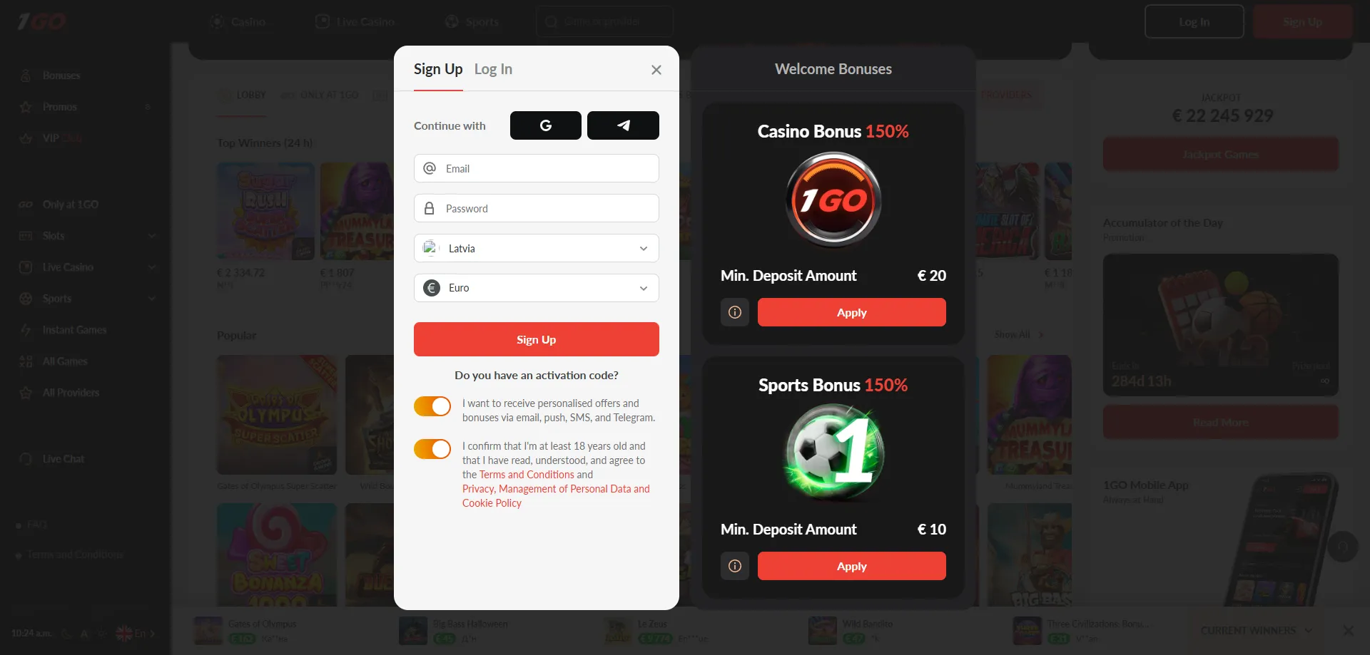 How to register and claim bonus at 1GO Casino step by step